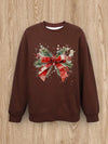 Women Basic Casual Pullover Spring Autumn Long Sleeve Christmas Ribbon Printed Round Neck