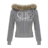 American Vintage Letter Print Fur Collar Hooded Zipper Sweatshirt