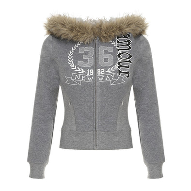 American Vintage Letter Print Fur Collar Hooded Zipper Sweatshirt