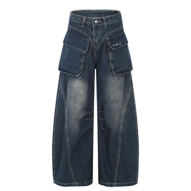 Weite Jeans für Damen mit Taschen und hoher Taille, lockere Hose