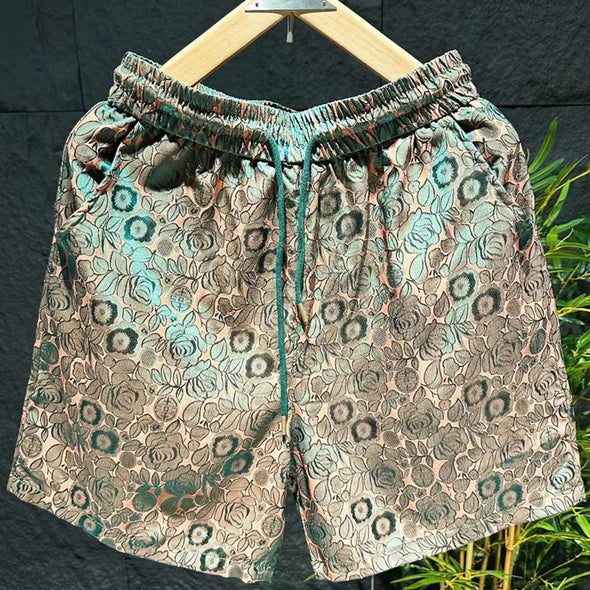 Modische Shorts aus Eisseide im ethnischen Stil für Herren mit dunklen Blumenmuster und Lasermuster