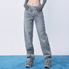 Waist Straight Irregular Oblique Breasted Denim Trousers