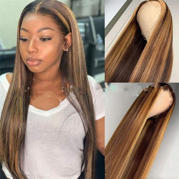 Colored Medium Length Straight Hair Brown-Gold Gradient Chemical Fiber Hair