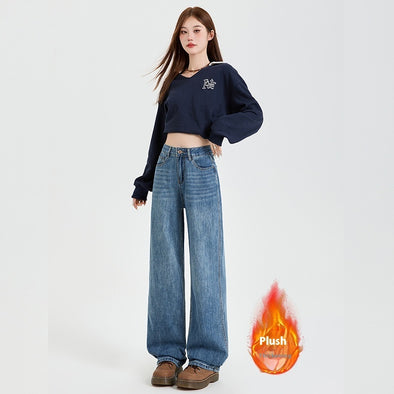 Gerade Jeans mit Samtpolsterung und hoher Taille in Vintage-Blau