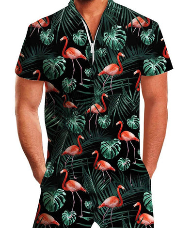 Sommer Kurzarm Jumpsuit Hawaiian Black Flamingo