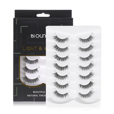 False Eyelashes Cat Eye Wispy Faux Mink Lashes Natural Look, 10mm, 3D Vegan 7 Pairs Full Strip Clear Band (BO22-2)