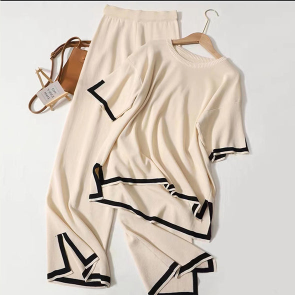 Color Contrast Split Short-sleeved Knitwear High-waisted Slimming Wide-leg Trousers Long Pants