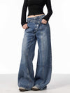 Irregular Breasted Washed Straight Jeans Blue Loose Wide Leg Pants