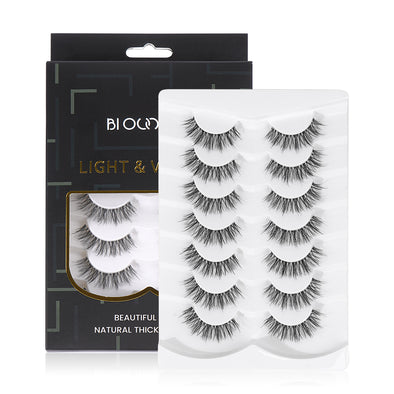 Wispy Natural Faux Mink Cat-Eye Look, False Eyelashes, 15mm 3D Vegan 7 Pairs Full Strip Clear Band (BO22-3)