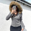 American Vintage Letter Print Fur Collar Hooded Zipper Sweatshirt