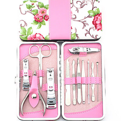 Nagelknipser-Set aus Edelstahl, 12-teilig, rosa Blume, Nagelschere, Maniküre, Maniküre-Werkzeuge, rose -12