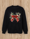 Women Basic Casual Pullover Spring Autumn Long Sleeve Christmas Ribbon Printed Round Neck