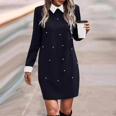 Elegant Lapel Long Sleeve Stitching Contrast Color Beaded Dress