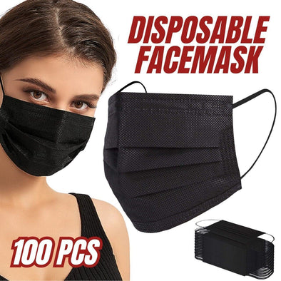 100 PC-Gesichtsmaske, nicht medizinisch, chirurgisch, Einweg, 3-lagig, Ohrschlaufen-Mundschutz – Schwarz