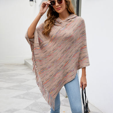 Hooded Striped Tassel Cape And Shawl Women