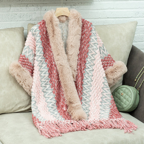 Women's Striped Knitted Tassel Cloak Loose Ethnic Style