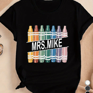 Mrs. MIKE Printed Round Neck T-shirt, Casual Short Sleeved Top, Suitable For Spring And Summer, Women's Clothing