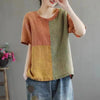 Cotton Linen Contrast Color T-shirt Artistic Design Half Sleeve Women