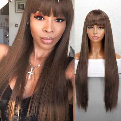 Net Celebrity Female Long Hair Air Bangs Black Long Straight Natural European And American Medium Long Hair Wig Head