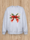 Women Basic Casual Pullover Spring Autumn Long Sleeve Christmas Ribbon Printed Round Neck