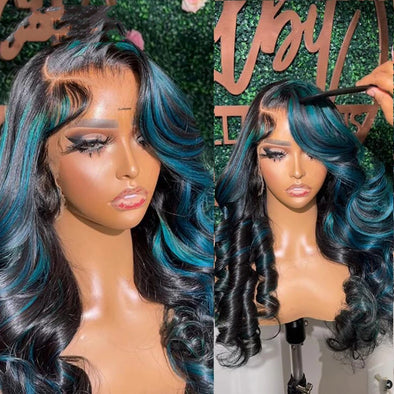 Blue Green Highlight Piano Color Big Wave Wig