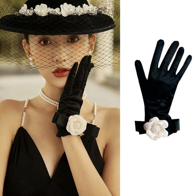 Women's Retro Hepburn Wind Black Evening Dress Butterfly Gloves