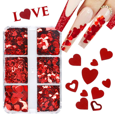 Small 6-cell Box Valentine's Day Series Bright Red Love Cut-out Nail Sequins