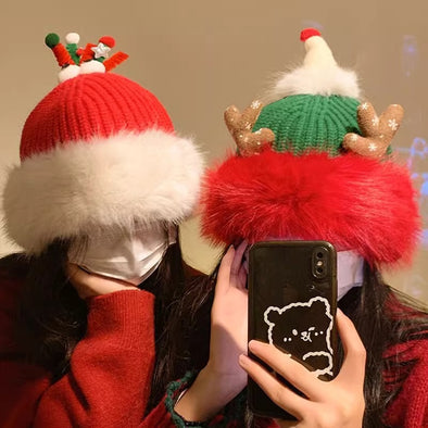 Cute Christmas Antlers Plush Bonnet Children