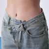 Waist Straight Irregular Oblique Breasted Denim Trousers