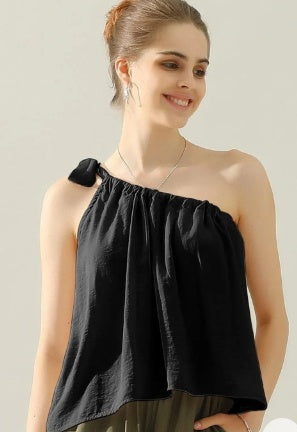 Ninexis One Shoulder Bow Tie Strap Satin Silk Top