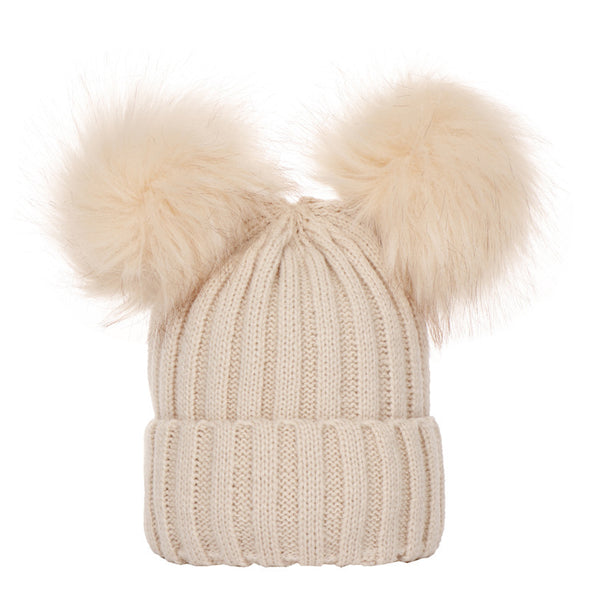 Autumn And Winter Baby Knitted Wool Double Fur Ball Sleeve Cap