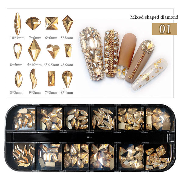 Boxed Flat Bottom Shaped Diamonds Colored Glass Rhinestone Nail Art