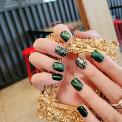 Fashionable Detachable Nail Piece Emerald Flashing Diamond Wearable Nail Art Finished Product 24 Fake Nail Patches