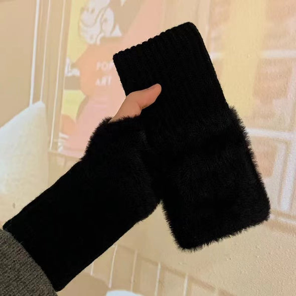 Korean Style Half Finger Flip Autumn And Winter Thermal Knitting Gloves