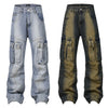 High Street American Washed Distressed Pleated Multi-pocket Denim Overalls