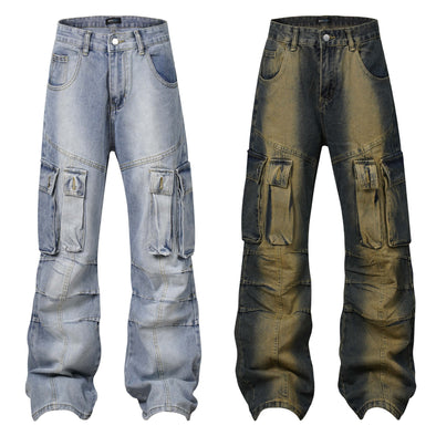 High Street American Washed Distressed Plissee Denim-Overall mit mehreren Taschen