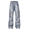 High Street American Washed Distressed Pleated Multi-pocket Denim Overalls