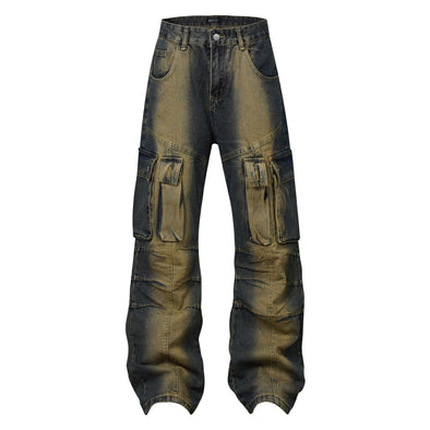 High Street American Washed Distressed Plissee Denim-Overall mit mehreren Taschen