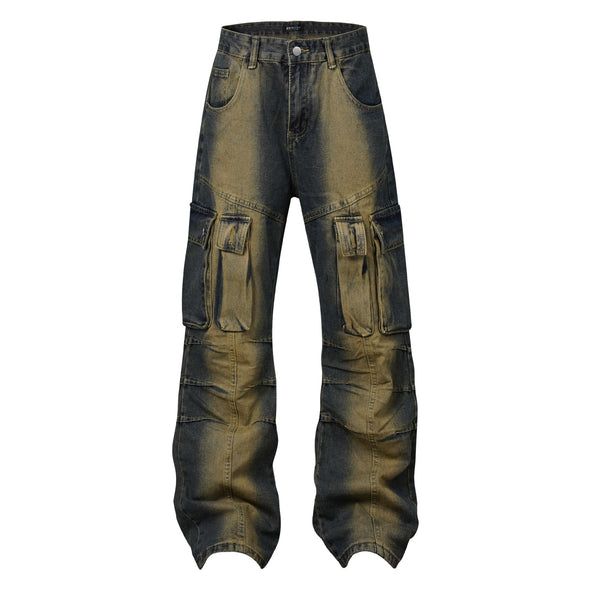 High Street American Washed Distressed Plissee Denim-Overall mit mehreren Taschen