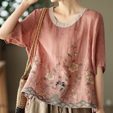 Art Retro Embroidery Top Colored Round Neck Pullover