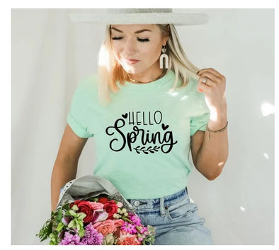 Hallo Frühling T-Shirt, Frohe Ostern Shirt, Frühlingsblumen Geschenk, Urlaubs Shirt, Ostergeschenk, Damen Shirt, Geschenk für Mama, Sommer T-Shirt