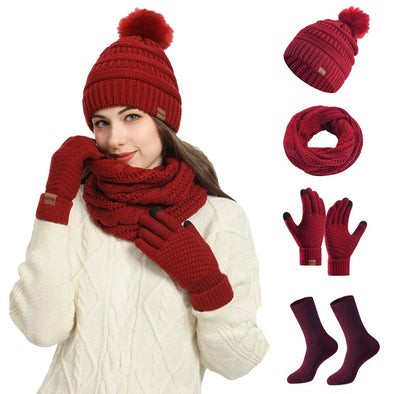 Winter Damen Mütze Schal Handschuhe und Socken Vierteiliges Set