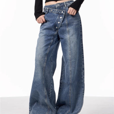 Irregular Breasted Washed Straight Jeans Blue Loose Wide Leg Pants