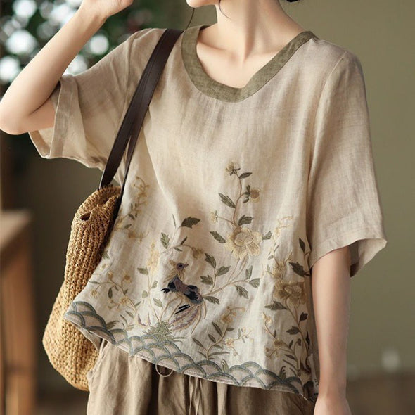 Art Retro Embroidery Top Colored Round Neck Pullover