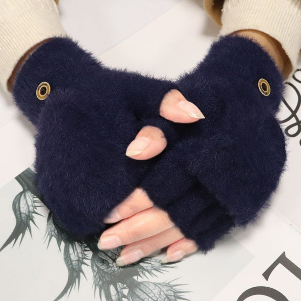 Plush Gloves Female Winter Warm Student Exposed Finger Flip Gloves Household