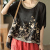 Art Retro Embroidery Top Colored Round Neck Pullover