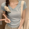 V-neck Short-sleeved Shoulder T-shirt Design Tight Waist Bottoming Shirt