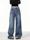 Irregular Breasted Washed Straight Jeans Blue Loose Wide Leg Pants