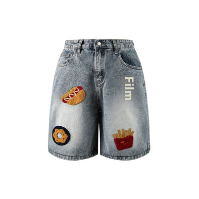 Creative Towel Embroidery Denim Shorts Male And Female Trendy Brand High Street Straight Shorts