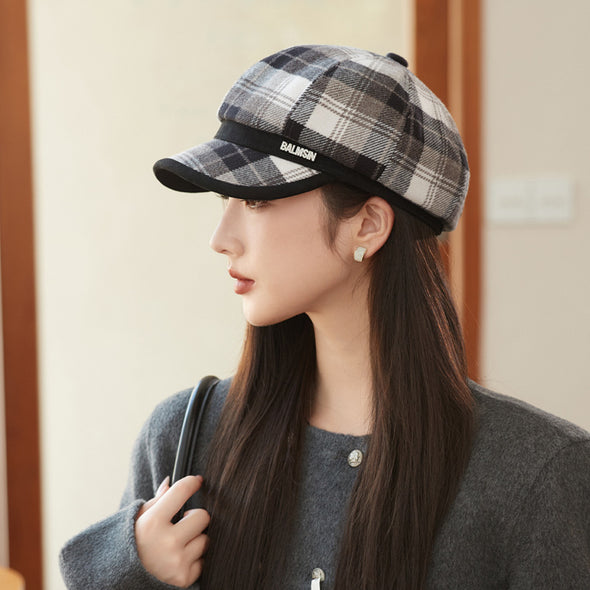 British Style Retro Plaid Octagonal Hat Autumn And Winter